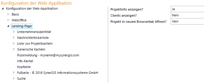 Grundeinstellungen für die Landing Page in der Anwendungskonfiguration