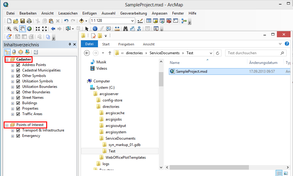 Ein MXD "SampleProject" mit mehreren Datenrahmen