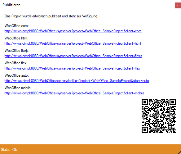 Status und URL des publizierten WebOffice 10.8 SP1 Projekts 