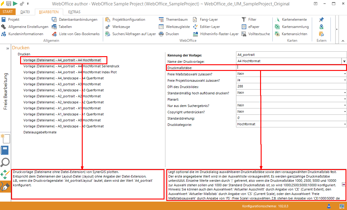 Konfigurationsdokumenation - Links: Konfigurationselement, Rechts: Konfigurationsattribut