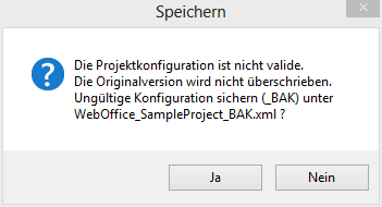 WebOffice author Speichern Dialog – Sicherungskopie bei ungültiger Projektkonfiguration