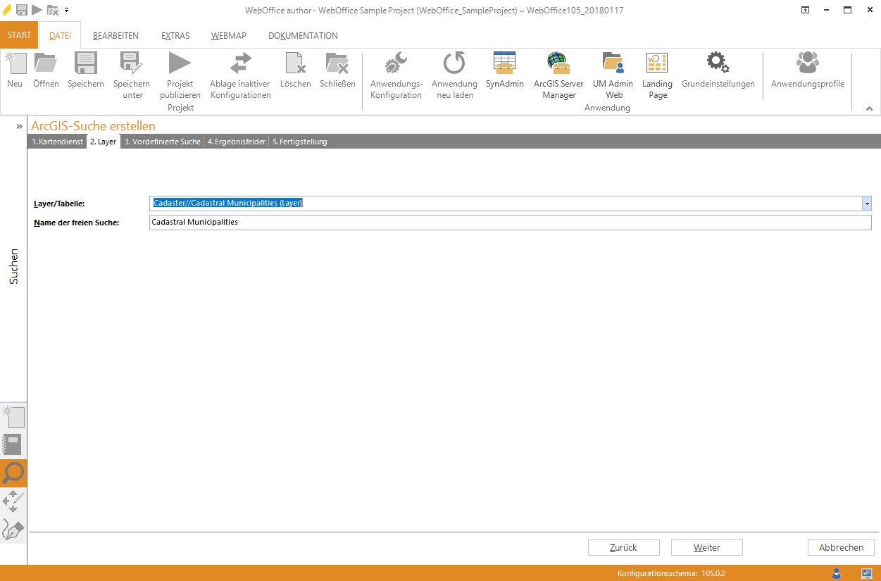 Assistent "ArcGIS-Suche erstellen" - Layer auswählen Assistent "ArcGIS-Suche erstellen" - Layer auswählen
