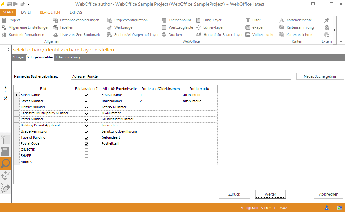 Assistent "Selektierbare/Identifizierbare Layer erstellen - Definition der Ergebnisfelder Assistent "Selektierbare/Identifizierbare Layer erstellen - Definition der Ergebnisfelder