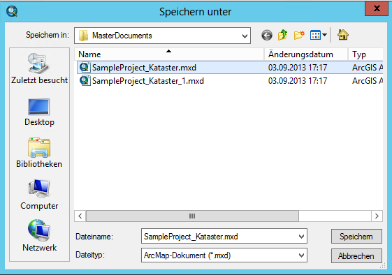 Speichern des ‚Master Kartendokuments' als <Kartendokument Dateiname>.mxd