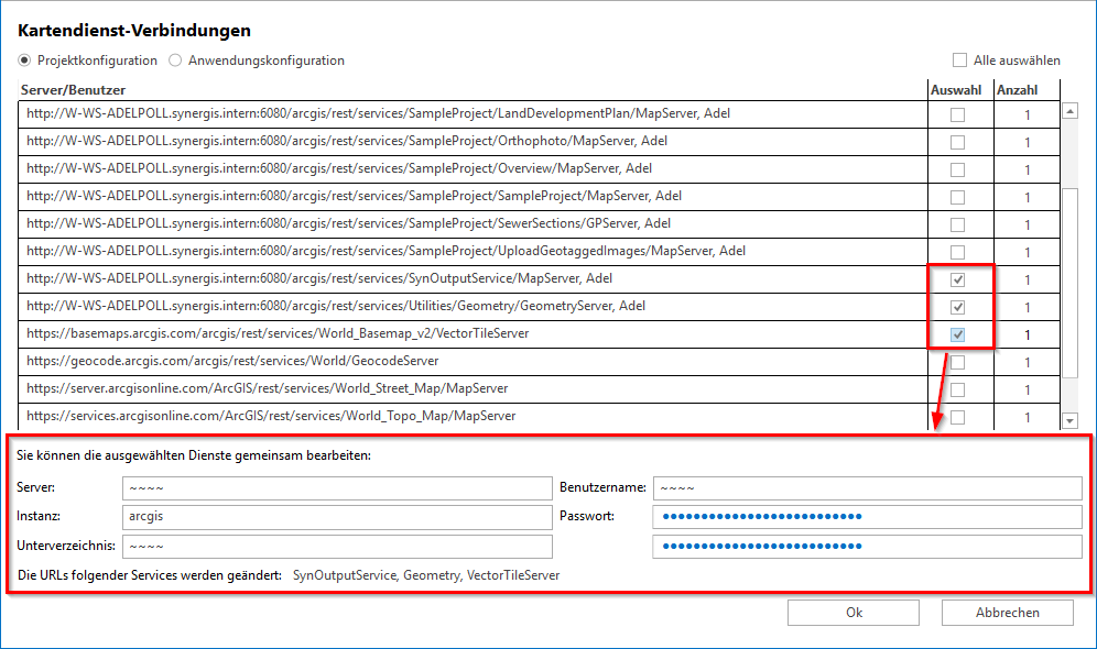 Auswahl von Kartendienstverbindungen um diese zu ändern