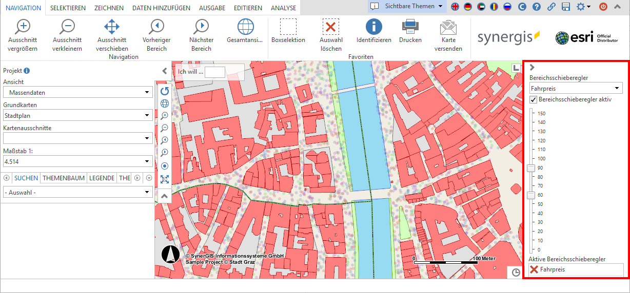 Verwendung des Bereichsschiebereglers im WebOffice core Client