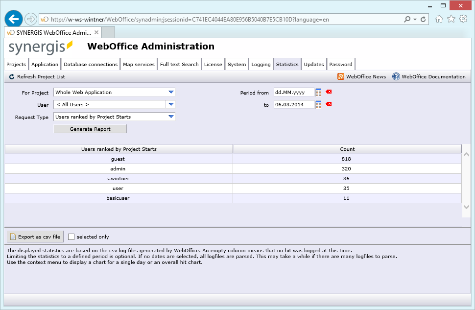 SynAdmin statistics tab with activated WebOffice usermanagement SynAdmin statistics tab with activated WebOffice usermanagement