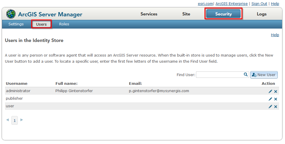 Configured users in ArcGIS Server Manager