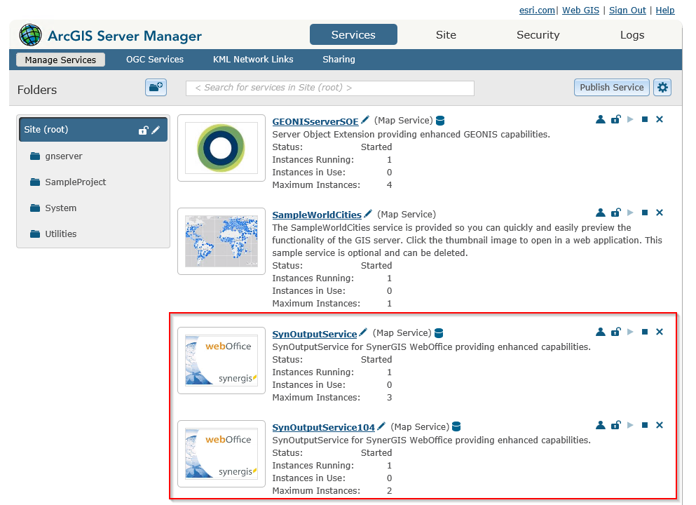 Creation of another SynOutputService in ArcGIS Server Manager