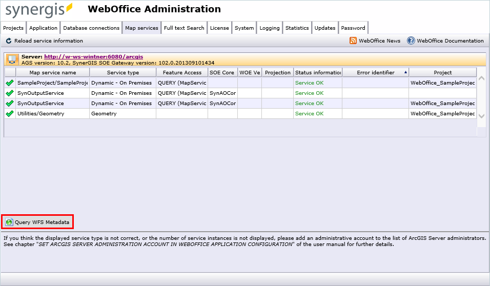 Query WFS metadata in SynAdmin map services tab