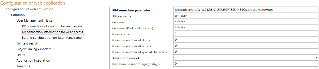 DB connection information for write access configuration