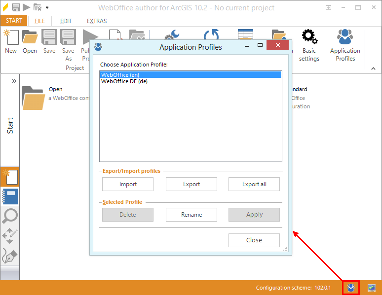 Open application profiles from WebOffice author status bar