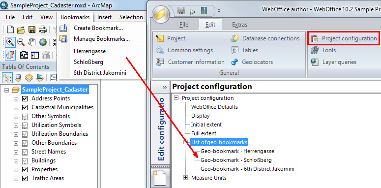Transferring ArcMap bookmarks of the WebOffice 10.8 SP2 project configuration