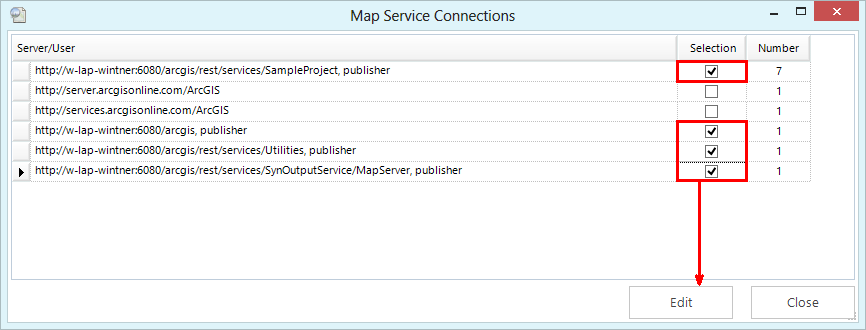 Selecting map service connections to be changed