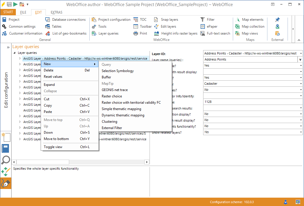 Context menu of the configuration tree