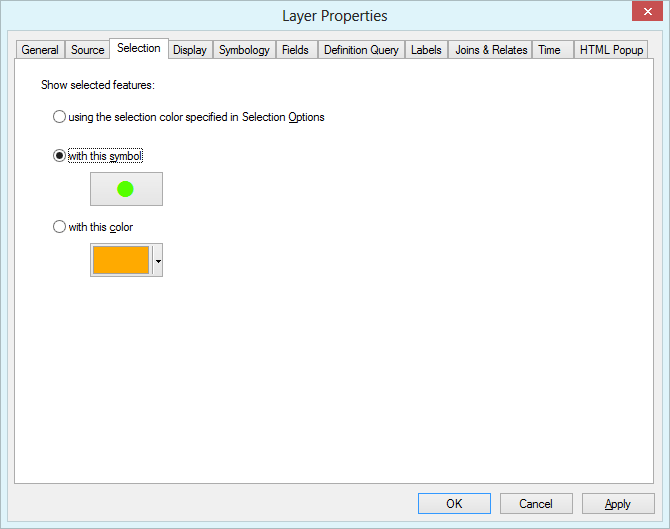 Defining a customized selection symbol in the layer properties of ArcMap
