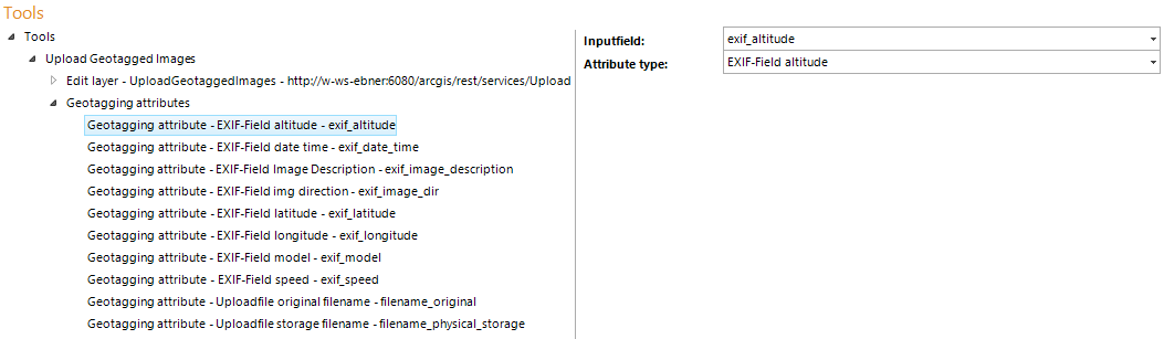 Geotagging attributes configured inside the tool Upload Geotagged Images