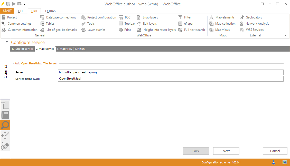 Wizard "Add service" - select an OpenStreetMap tile server Wizard "Add service" - select an OpenStreetMap tile server