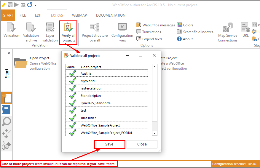 Verify all projects - use 'Save' for repairing the configurations