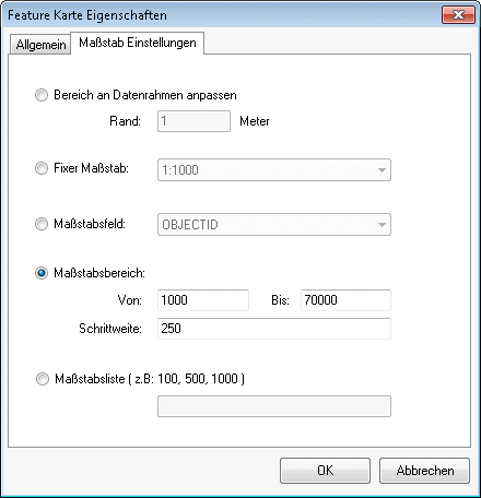 Feature Karte Eigenschaften – Maßstab Einstellungen