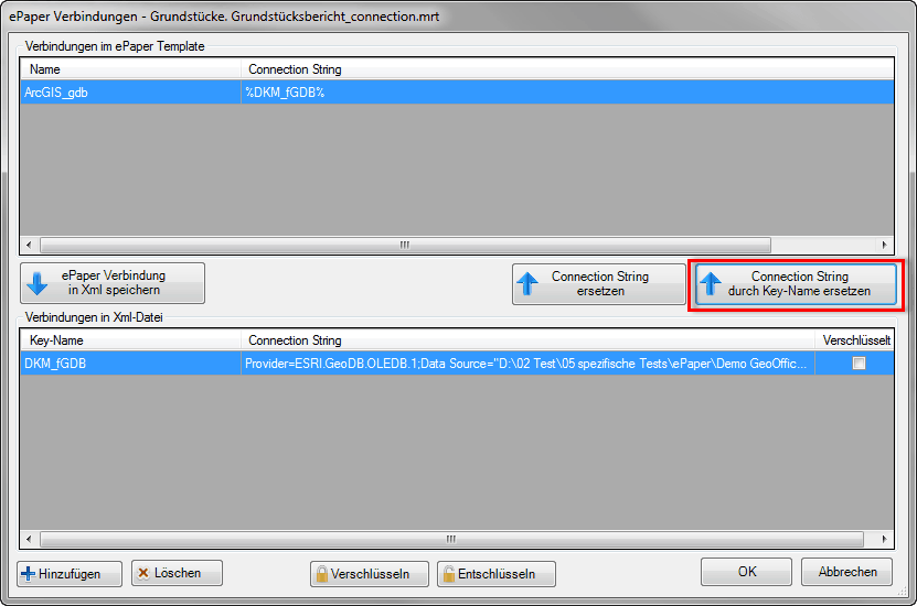 Connection String durch Key-Name ersetzen