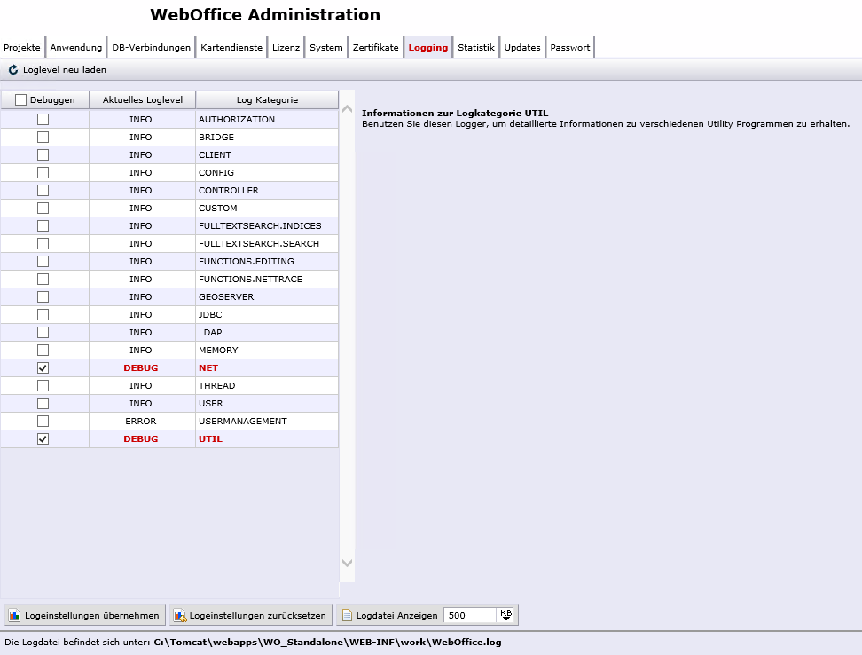 Set loglevel NET and UTIL to DEBUG
