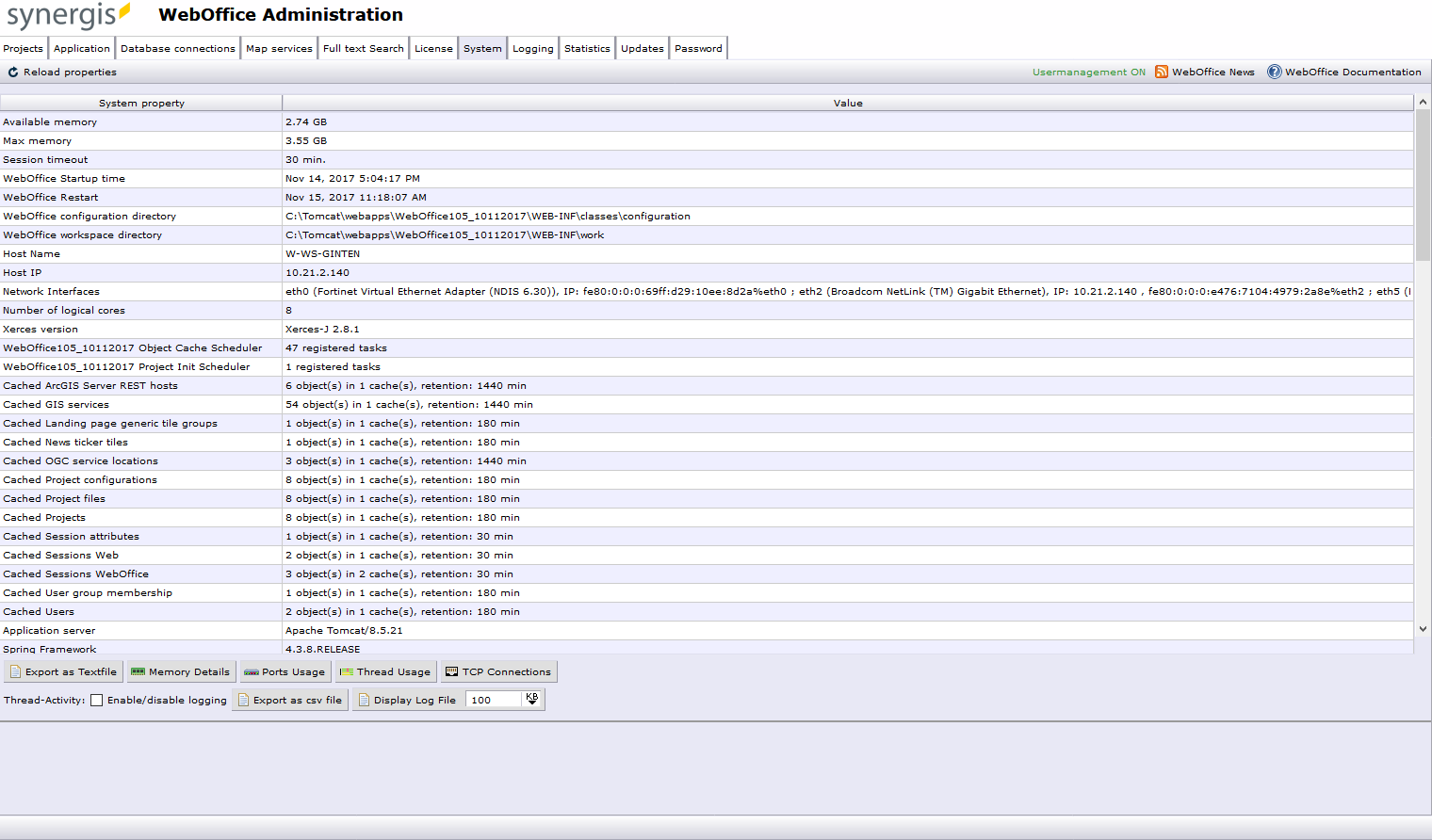 SynAdmin system tab SynAdmin system tab
