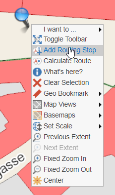 Setting a routing stop via context menu (right mouse button) in the map area Setting a routing stop via context menu (right mouse button) in the map area