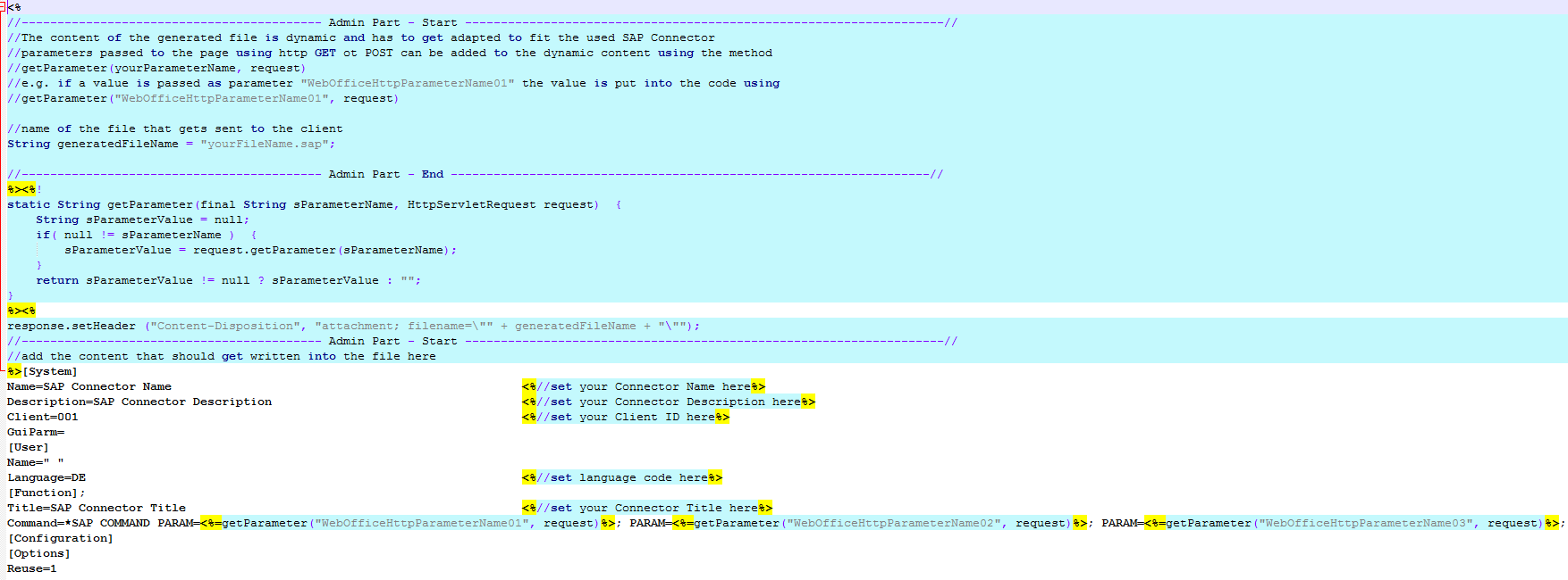 Exemplary JSP file that is to be opened in SAP - no custom parameters are set yet Exemplary JSP file that is to be opened in SAP - no custom parameters are set yet
