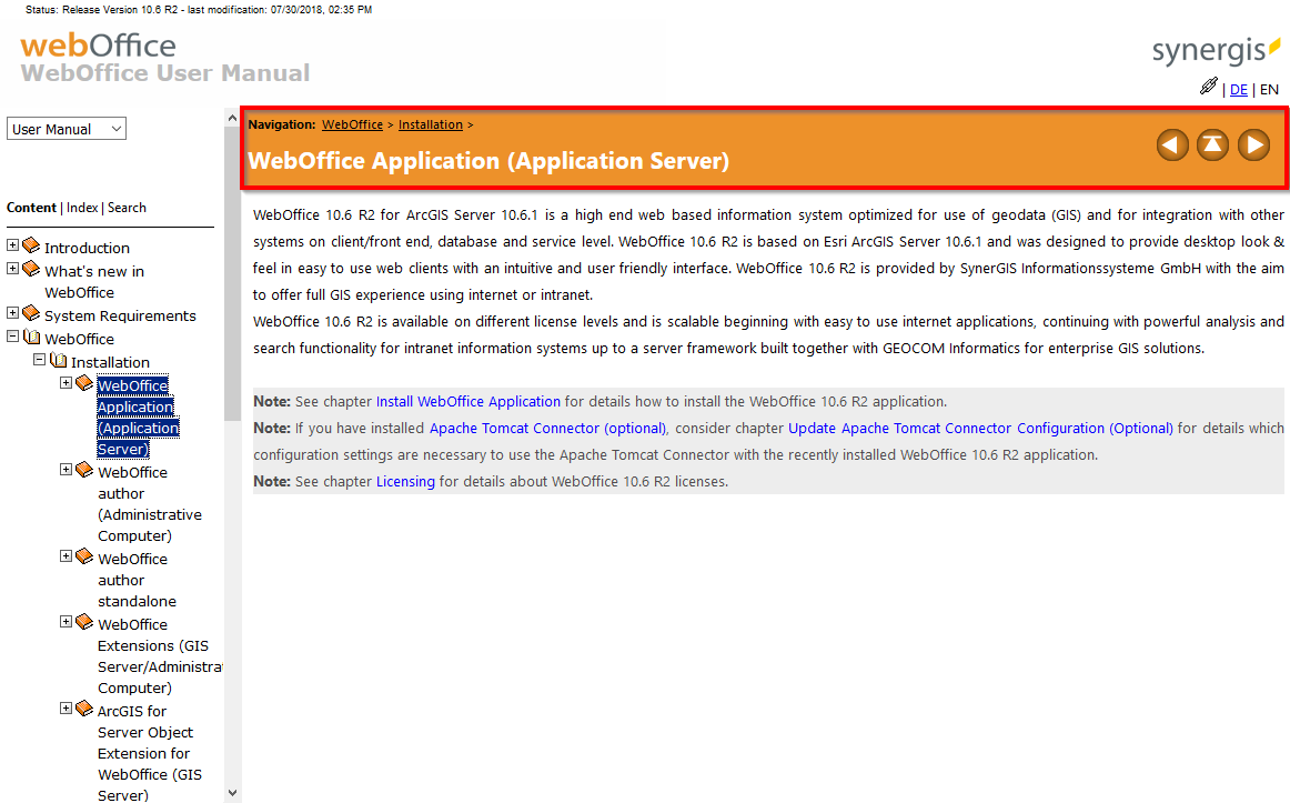 Title bar - path to chapter in the content / navigation with arrow keys possible