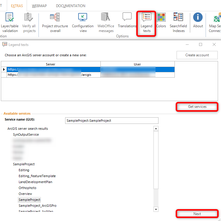 Open 'Legend texts' in WebOffice author (ArcMap) and get services