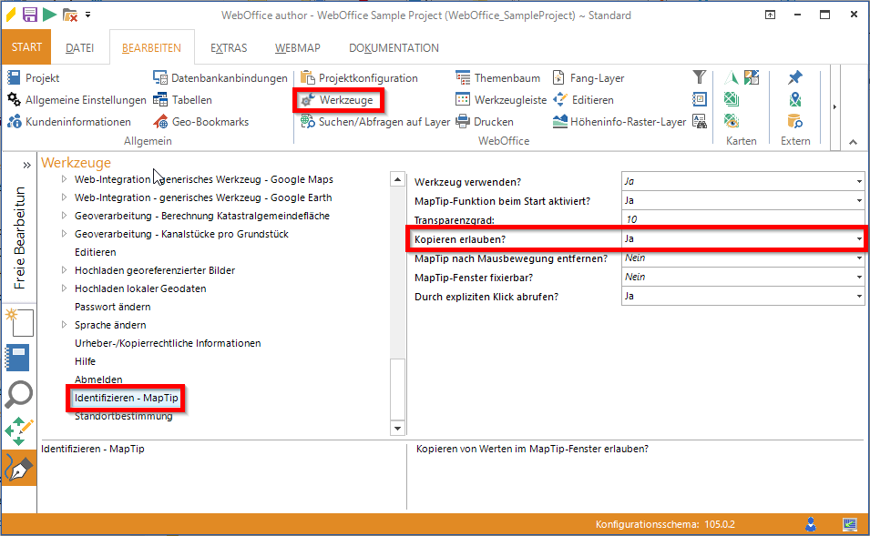 Settings within WebOffice author to enable the copy and paste functionality for the field values of the WebOffice map widget Maptip