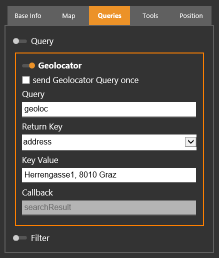 WebOffice map widget Testcontainer - geolocator query