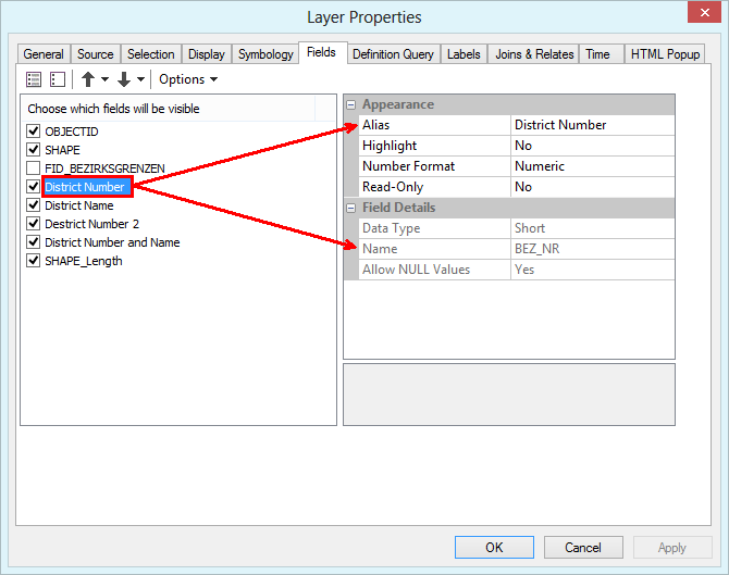 ArcMap layer properties - fields ArcMap layer properties - fields