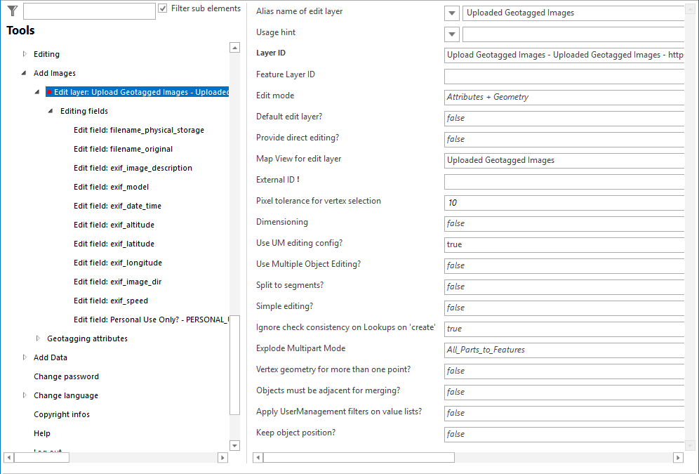 Edit layer for upload geotagged images tool configuration