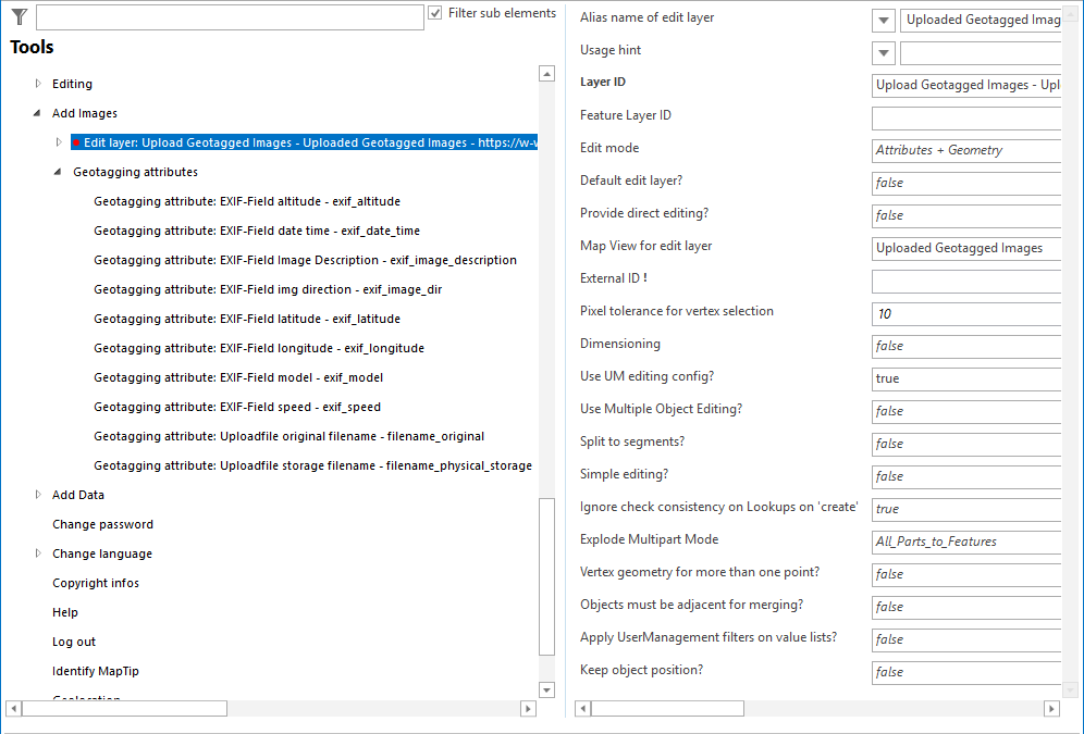 Geotagging attributes configured inside the tool Upload Geotagged Images