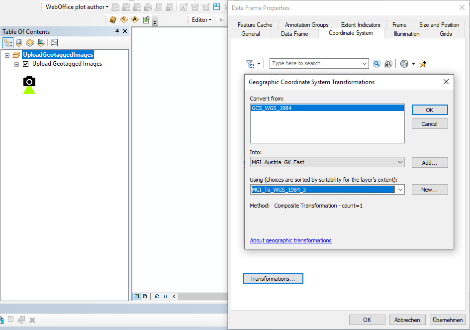 Example for the configuration of a transformation on the "UploadGeotaggedImages" layer Example for the configuration of a transformation on the "UploadGeotaggedImages" layer
