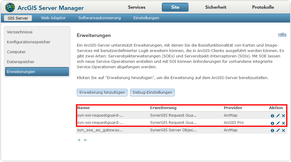 Übersicht der am Verbundserver hinzugefügten SOIs