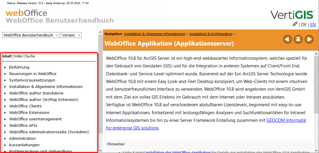 Inhalt - Themenbaum der Onlinehilfe