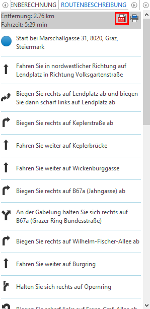 Option zur Anzeige der Routenbeschreibung im PDF Format