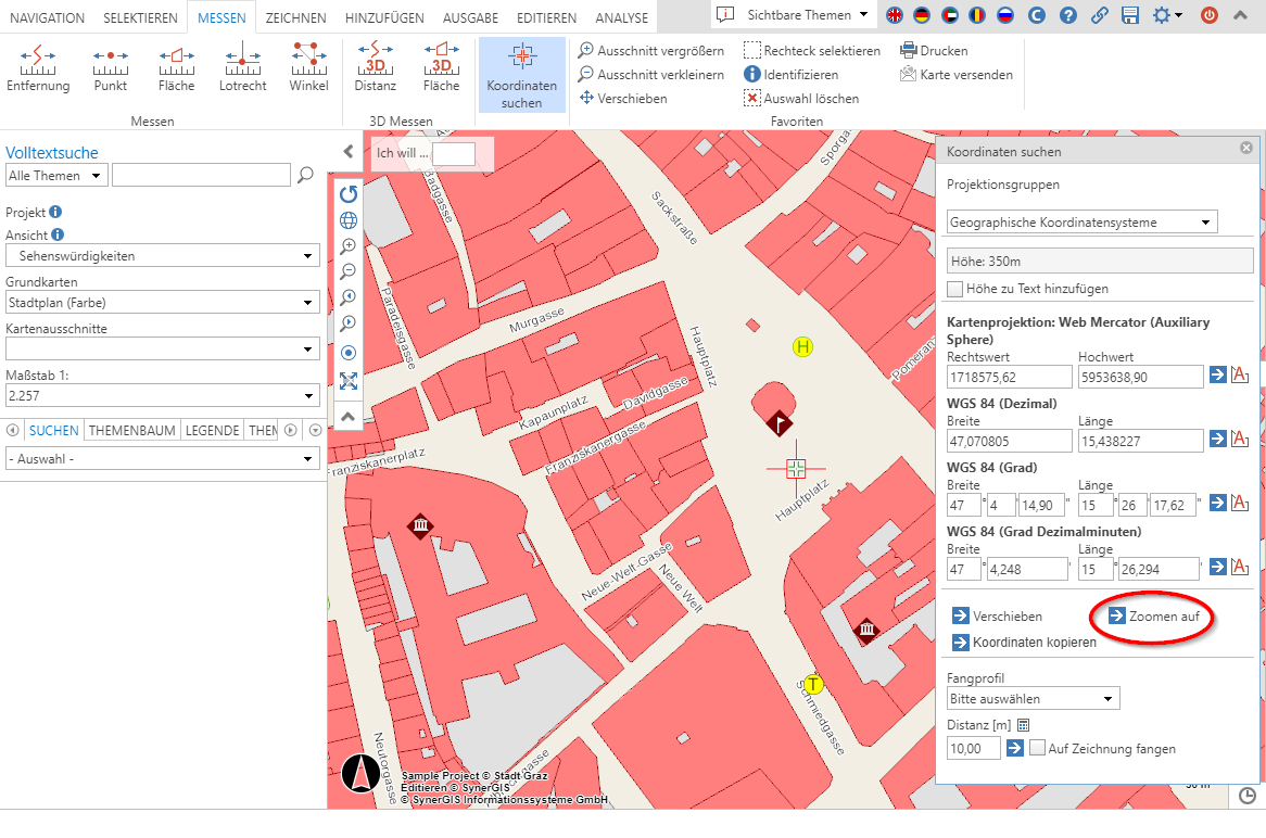 Zoom auf Koordinaten im Werkzeug Zoom auf Position im WebOffice core Client