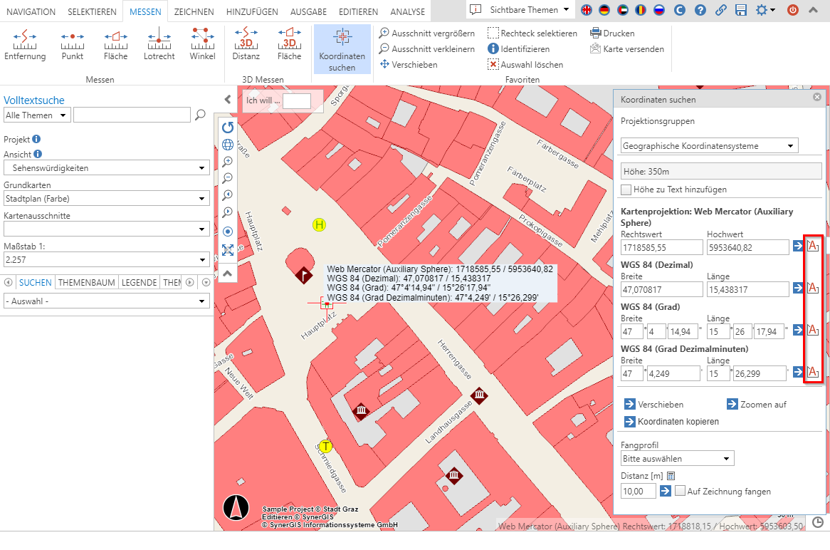 Koordinaten beschriften im Werkzeug Zoom auf Position im WebOffice core Client