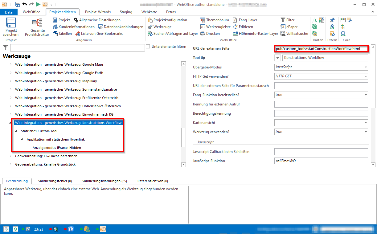 Einbindung des Custom Tools im WebOffice author standalone