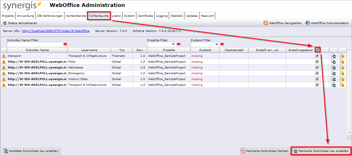 Subindizes neu erstellen in Synadmin