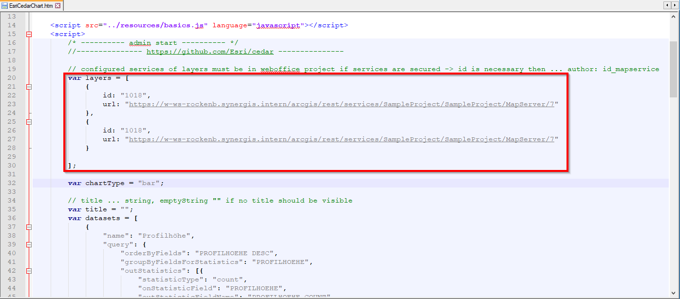 Ändern Sie bei der Variable layers die Parameter id und URL. Wichtig ist, dass nach der URL die Layer-ID - in diesem Fall "/7" angehängt wird.