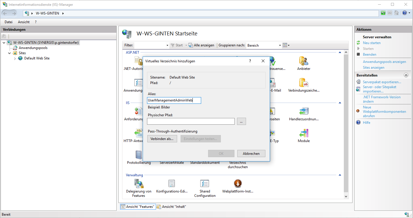 Einen Alias für das virtuelle Verzeichnis setzen