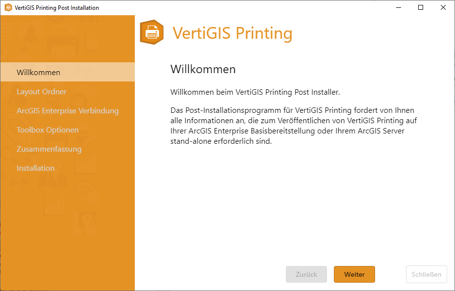 Start des Post-Installationsprogramms für VertiGIS Printing