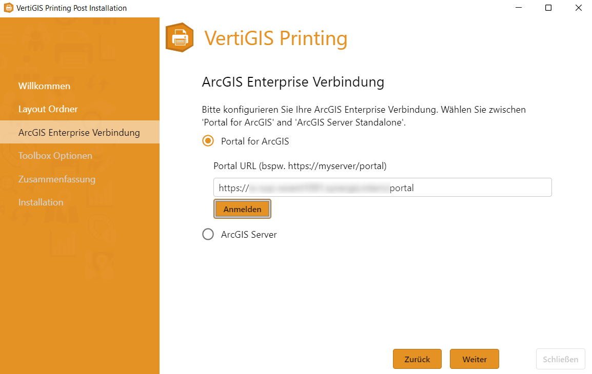Auswahl einer ArcGIS Enterprise Verbindung zu Portal für ArcGIS
