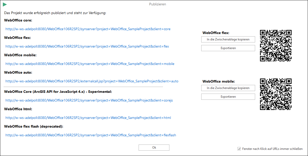 Publizieren des WebOffice 10.9 SP2 Projekts