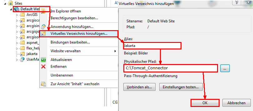 Virtuelles Verzeichnis Jakarta im IIS Manager hinzufügen